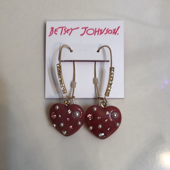 Betsey Johnson Gold Tone Pink Resin Heart Drop Earrings Crystal & Faux Pearl NWT - Picture 5 of 11